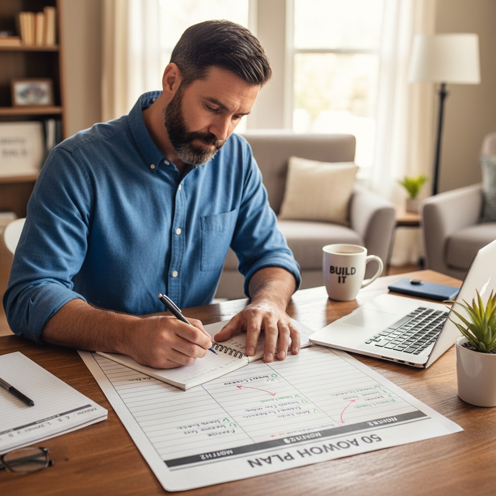 Man in his 40s planning 90-day income stream strategy with calendar and action plan