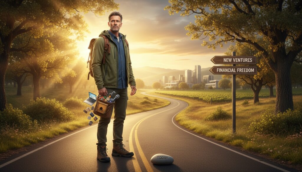 Confident man in his 50s standing at the beginning of a new path symbolizing financial freedom and new opportunities