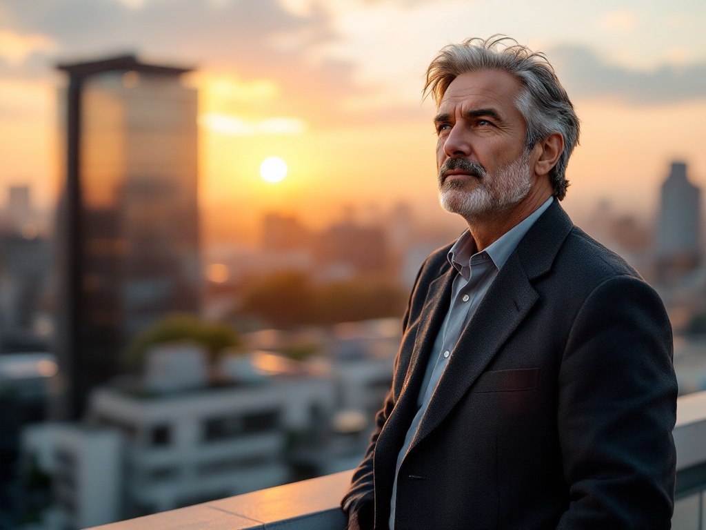 Middle-aged man in thoughtful pose during sunrise, representing mental resilience and personal growth in prime years