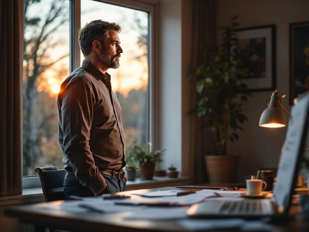 Man in his 40s contemplating his future while sitting in a comfortable home office setting, surrounded by books and a notebook showing goal-setting exercises