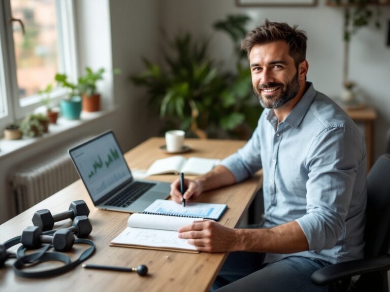 Man in his mid-40s at home office desk demonstrating holistic life optimization with fitness equipment, wellness journal, and financial planning tools visible