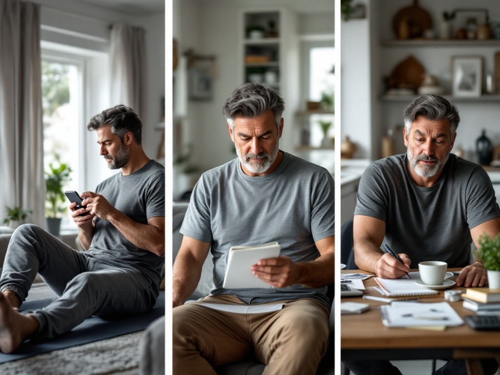 Three-panel image showing accessible starting points: a man doing simple walking exercise, basic seated meditation in a living room, and straightforward budget planning at a kitchen table