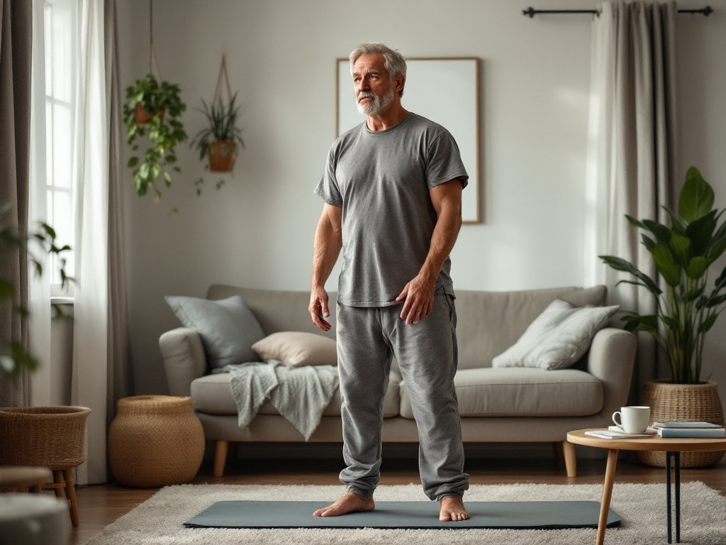 Man in his 40s starting a simple morning stretch routine in his living room, wearing comfortable casual clothes, demonstrating basic beginner-friendly movements