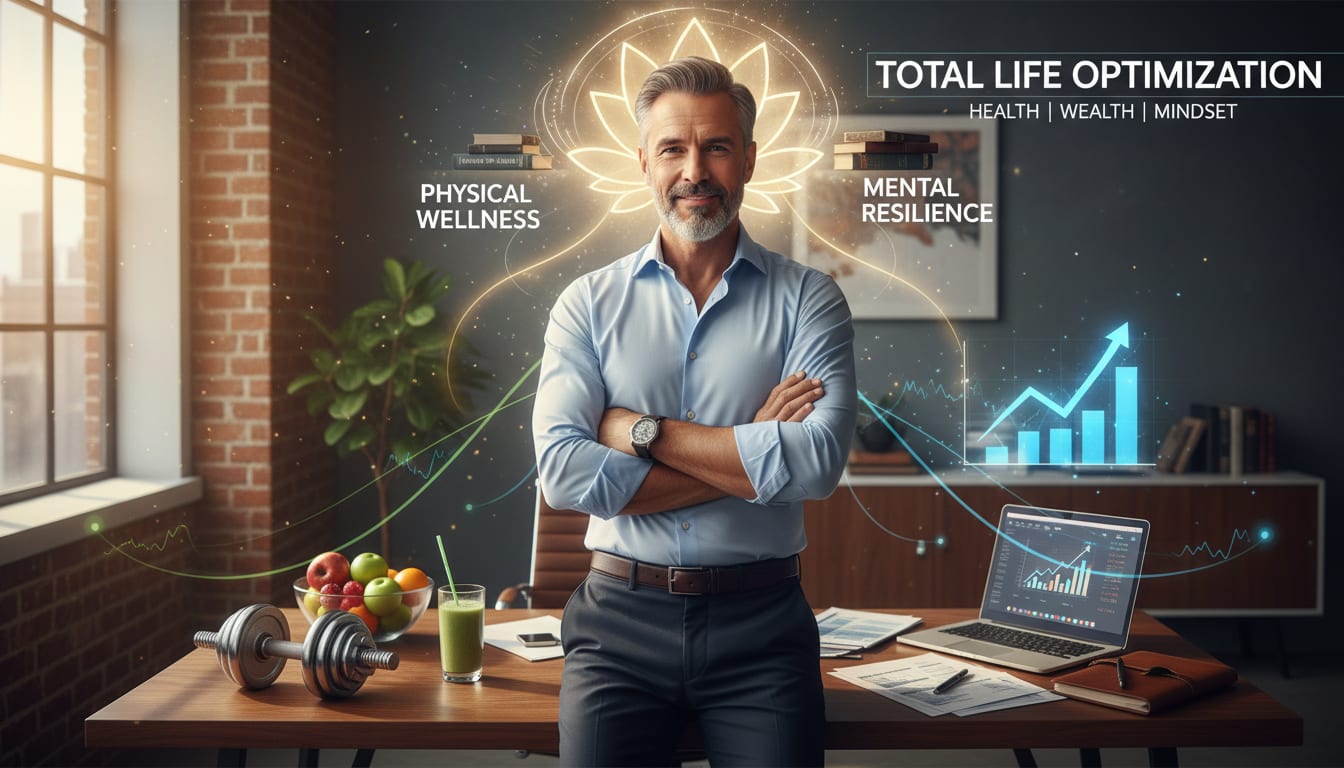 Confident man in his 40s standing in modern home office surrounded by three pillars of life optimization: physical wellness equipment, financial growth charts, and mental resilience tools