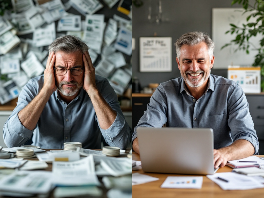 Successful middle-aged man celebrating financial milestone, tearing up last bill with a satisfied smile in his home office