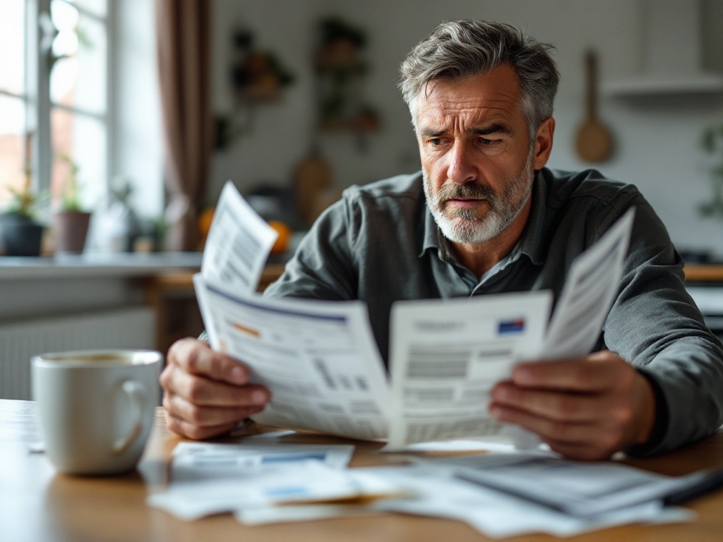Middle-aged man sitting at kitchen table with laptop and calculator, reviewing bills and financial statements
