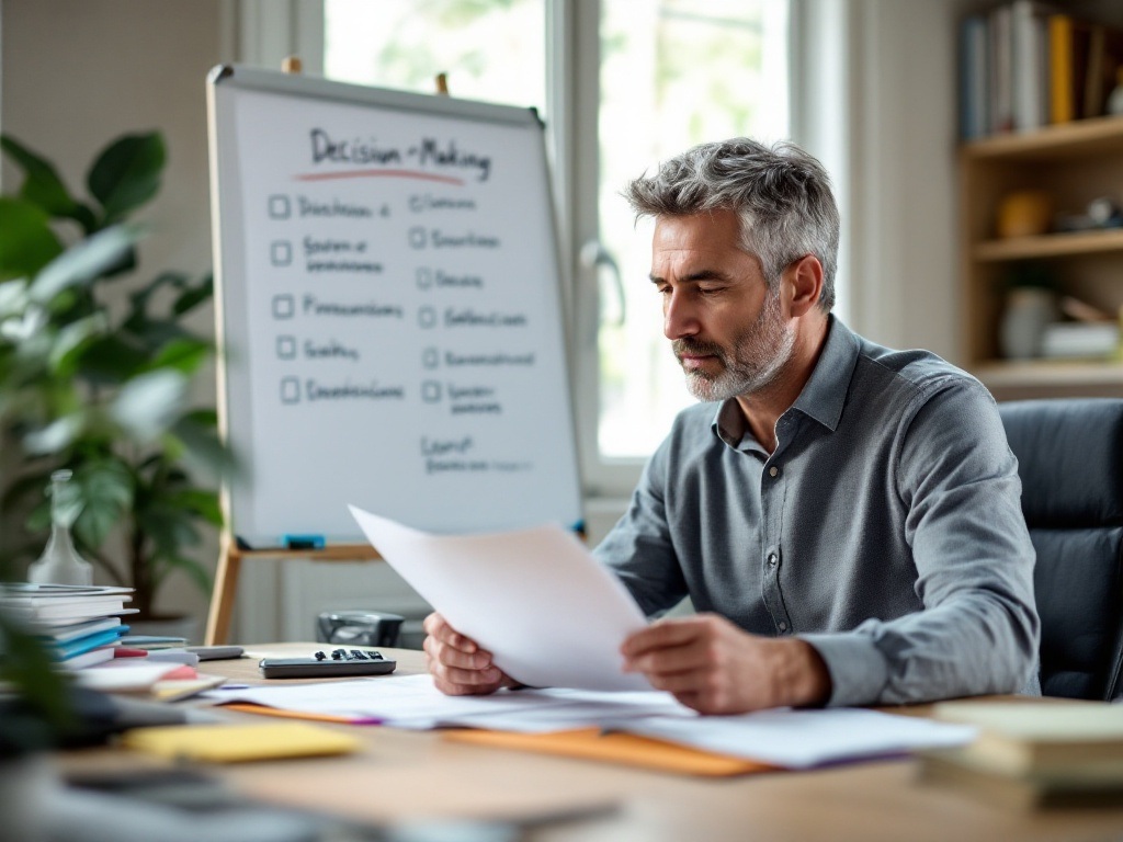 Confident middle-aged man using digital tablet and notebook for financial planning