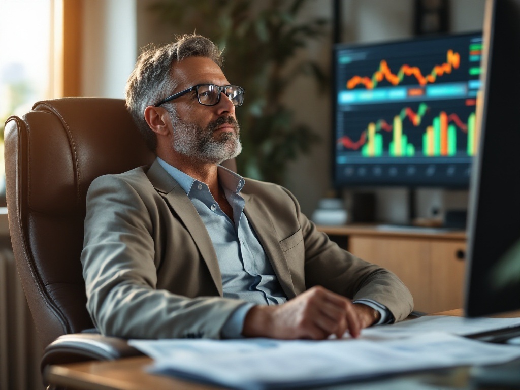 Mature businessman practicing mindful decision-making while reviewing financial documents