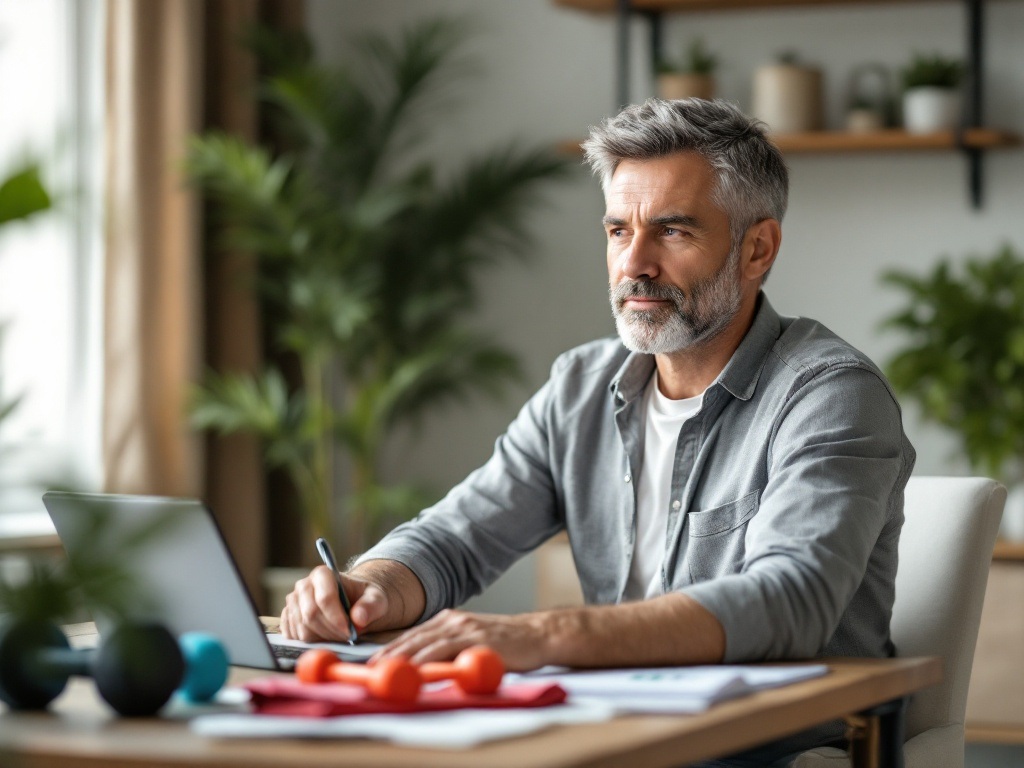 Professional man in his 40s at home office desk, analyzing charts while maintaining good posture, demonstrating the integration of mental, physical, and financial wellness