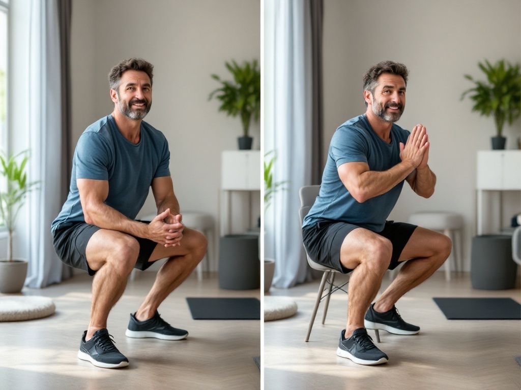 Middle-aged man demonstrating basic squat form with chair support in comfortable home environment