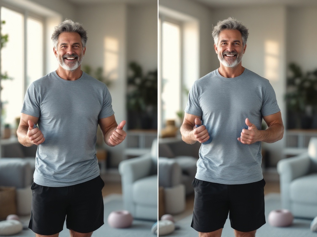 Middle-aged man in casual home setting starting basic exercise routine