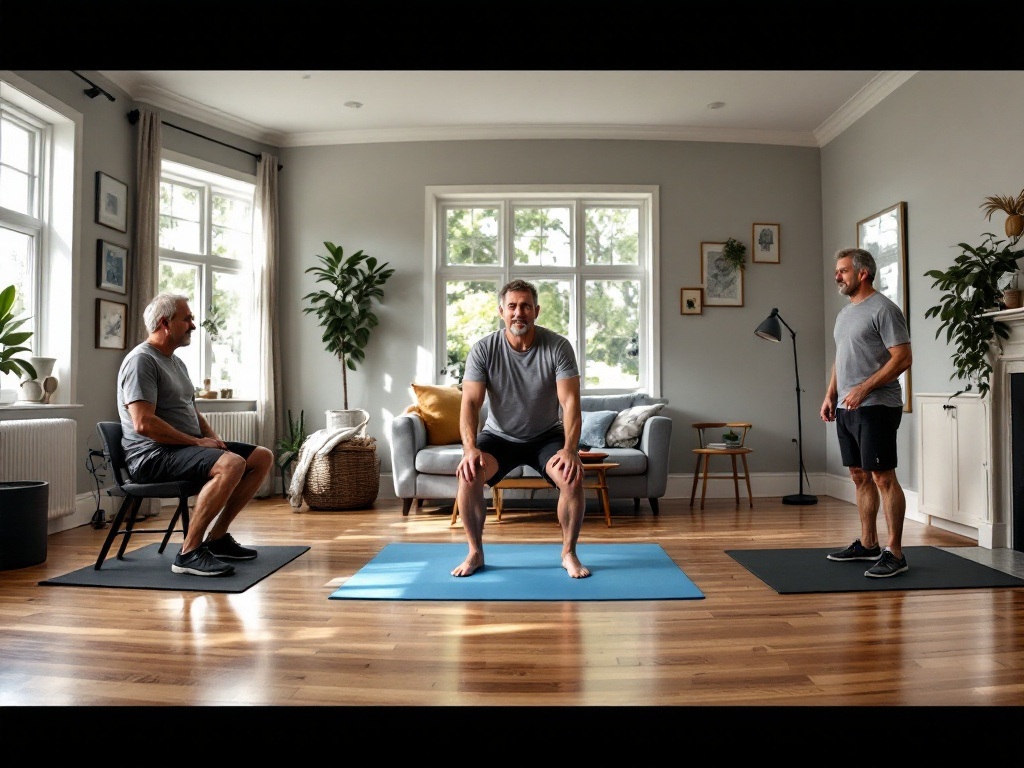 : Series of foundation exercises shown through multiple demonstrations by middle-aged man in home setting