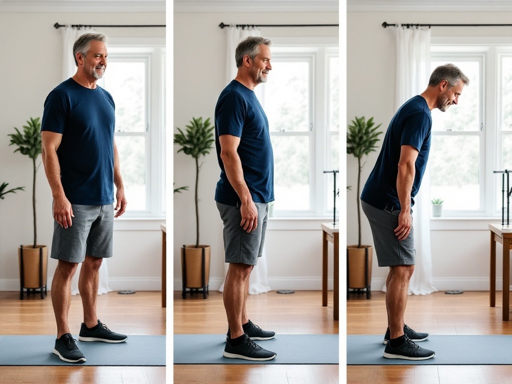 Middle-aged man demonstrating hip hinge movement with proper form in home gym setting