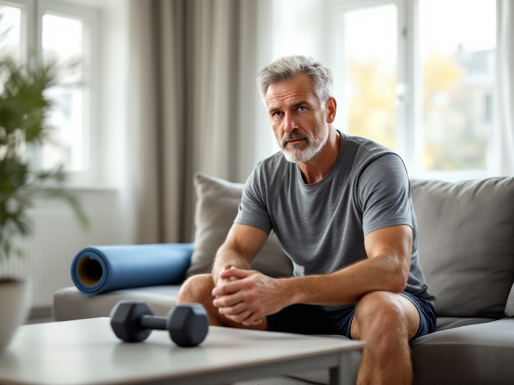 Man in his 40s performing basic exercises with proper form in living room setting