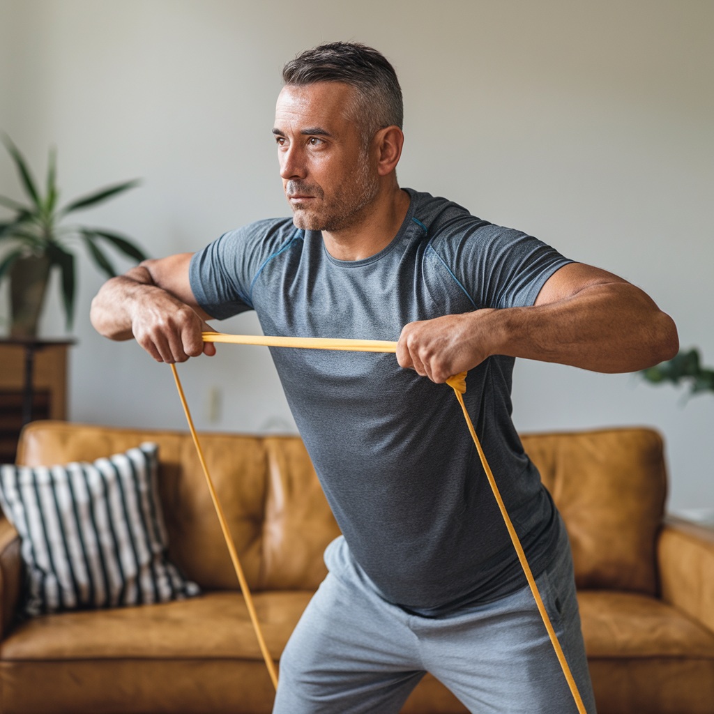 Middle-aged man performing band pull exercise with emphasis on proper shoulder blade engagement