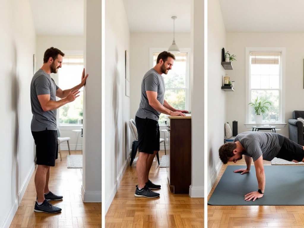 Man demonstrating wall push-up with proper form in home setting