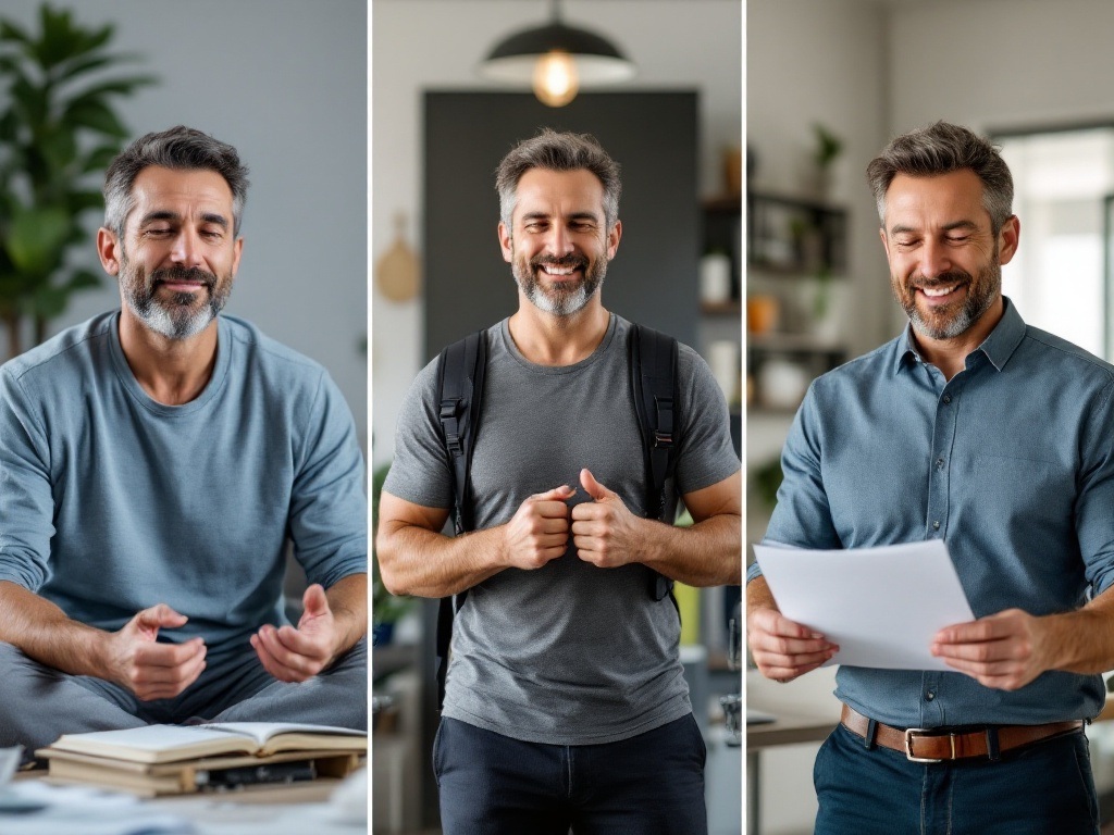 Professional man in his 40s at home office desk, analyzing charts while maintaining good posture, demonstrating the integration of mental, physical, and financial wellness" Caption: "The modern approach to success: Integrating mental resilience, physical wellness, and financial wisdom"