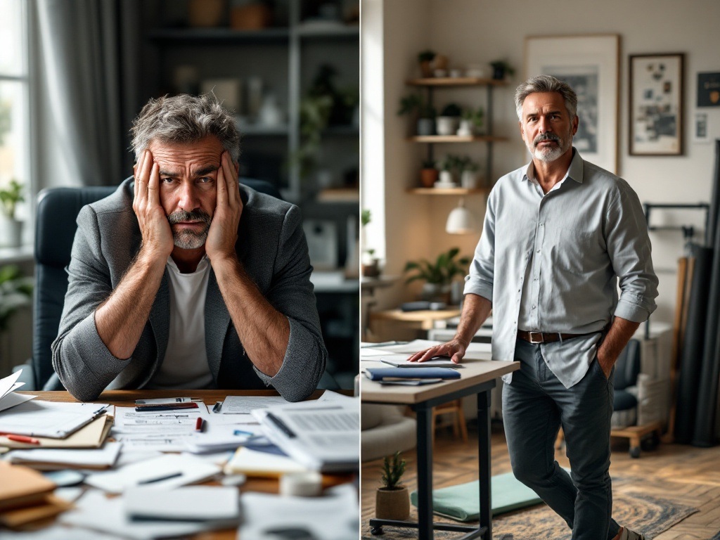 Successful middle-aged man demonstrating work-life balance with split scenes showing morning meditation, home workout, and organized desk work, illustrating the complete integration of mental, physical, and financial wellness