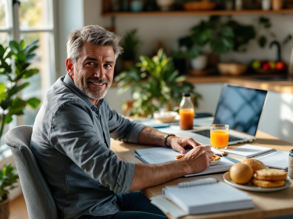 Professional man in home office environment working with digital and analog productivity tools