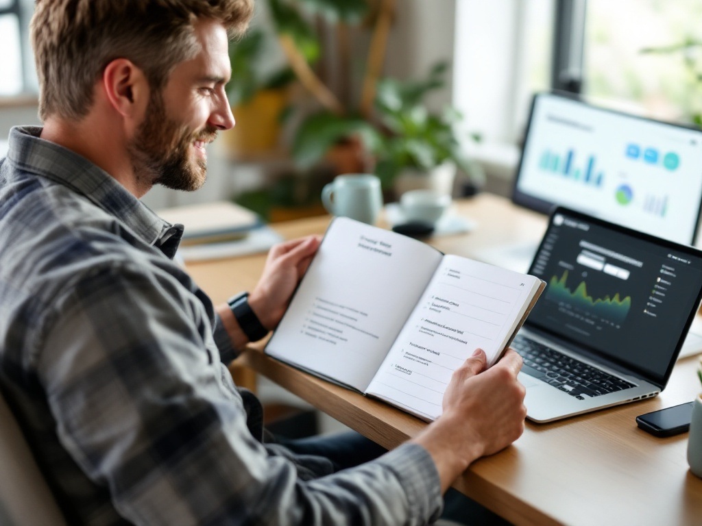 Man in his 40s reviewing progress metrics on a digital tablet and notebook, tracking physical, mental, and financial goals in a comfortable home office environment