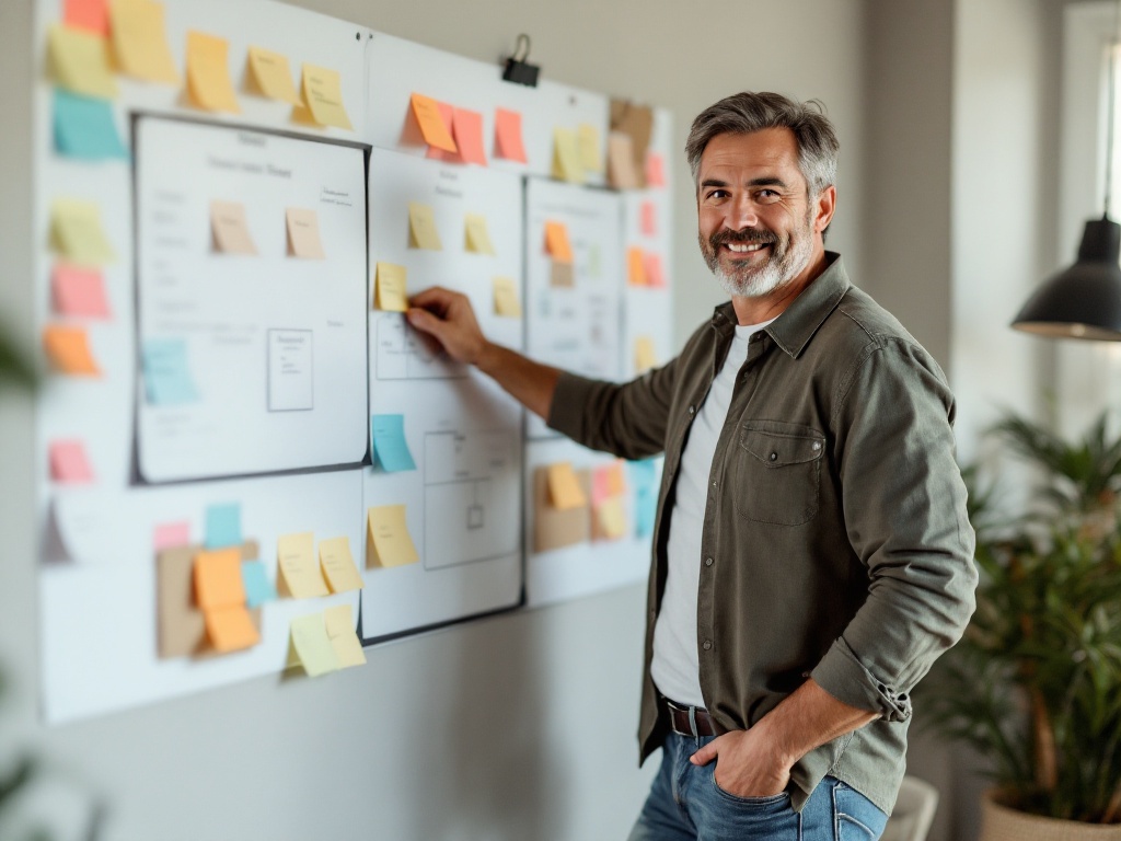 Confident middle-aged man in casual business attire standing at his desk, looking at organized notes and digital devices, with a satisfied expression of accomplishment