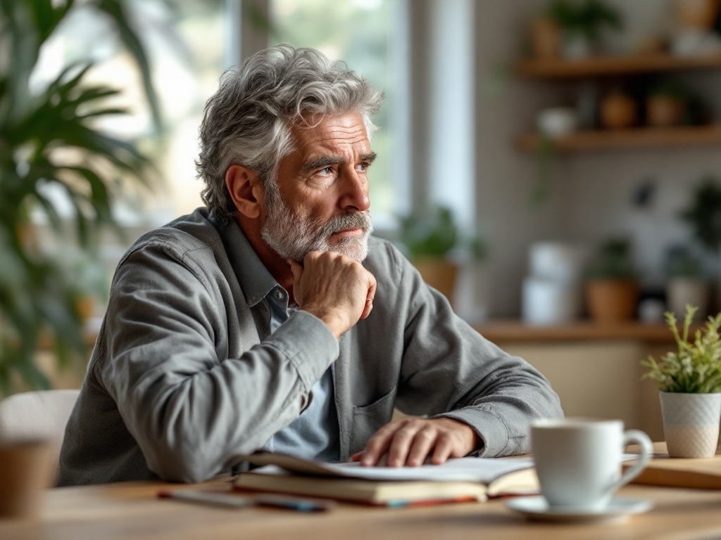 Middle-aged man in casual attire contemplating at his home office desk