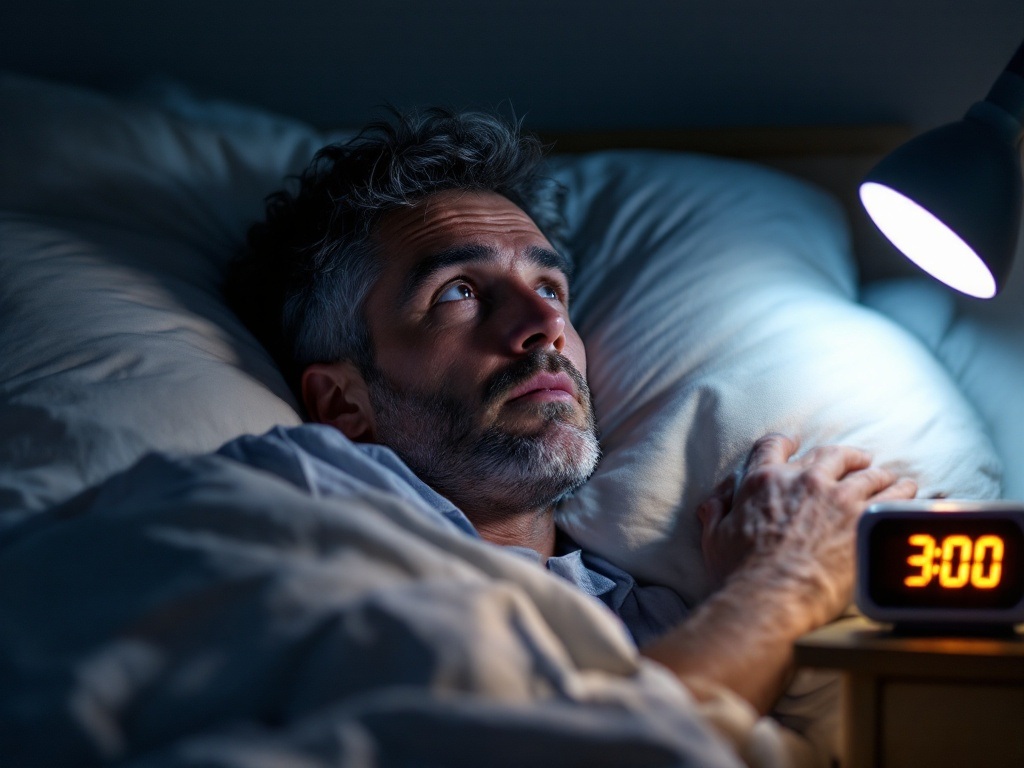 Middle-aged man sitting on bed's edge at night, looking thoughtful with dim bedside lamp lighting