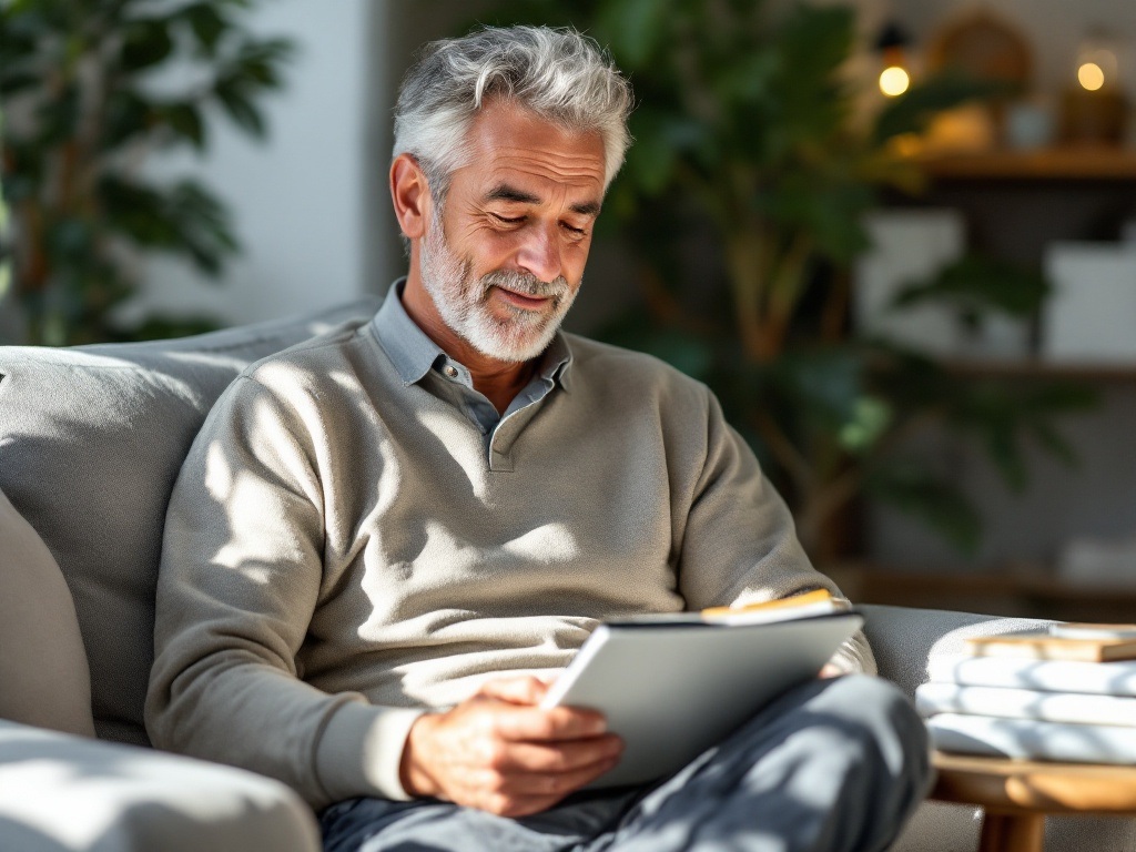 Man in his 40s practicing mindfulness meditation in a comfortable home office corner, with a journal and self-development books nearby, demonstrating a casual approach to mental wellness
