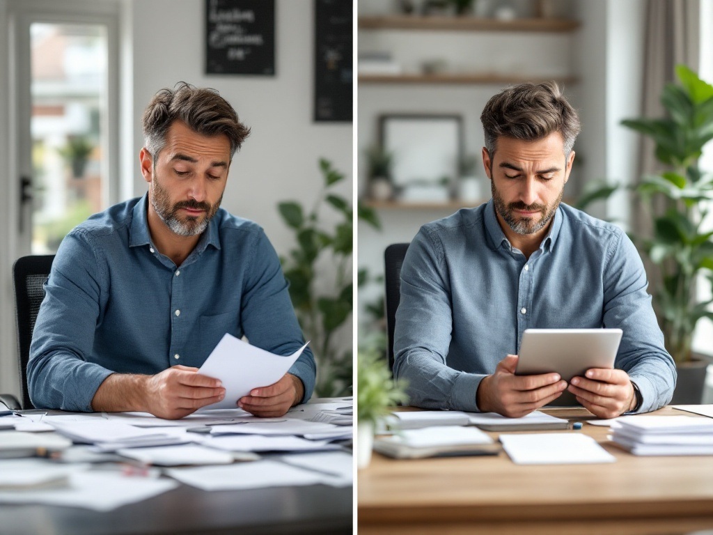 Successful middle-aged man reviewing financial progress with a satisfied expression, surrounded by organized planning materials