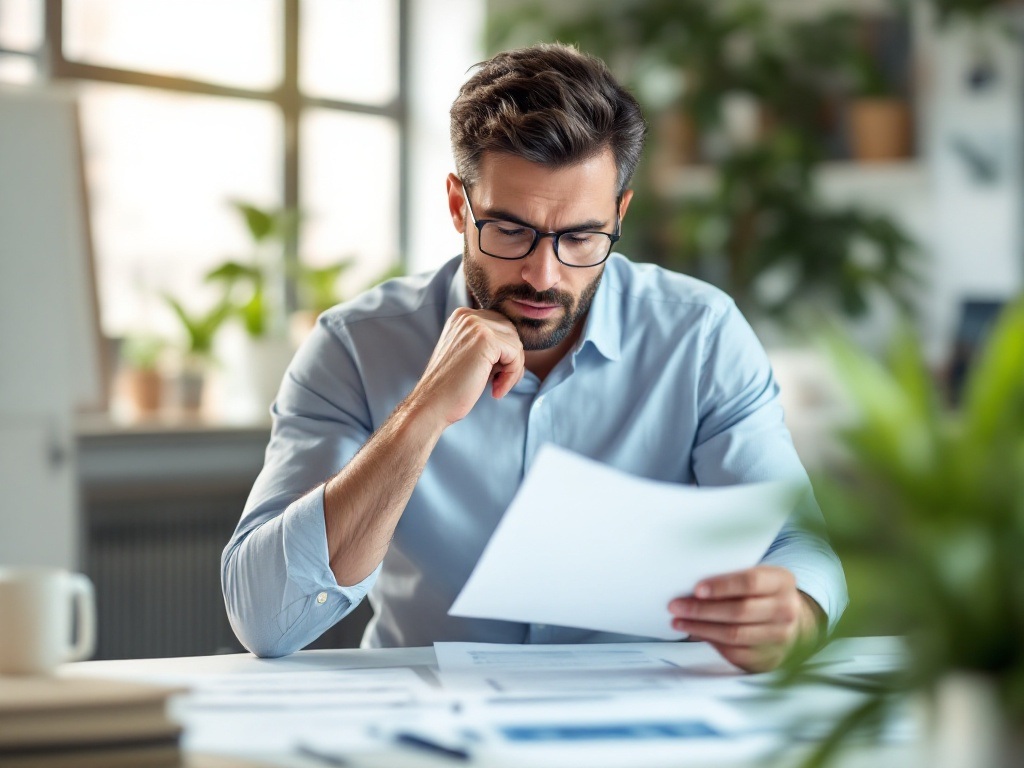 Professional man in his 40s contemplating financial decisions at home office