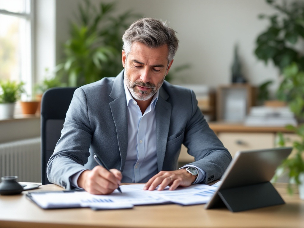 Confident middle-aged man reviewing financial documents with a calm, focused expression, demonstrating mental resilience in financial decision-making