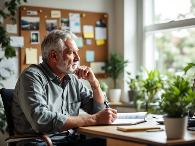 Man in his mid-40s standing by a window, writing in a journal, with sticky notes and a vision board visible in the background