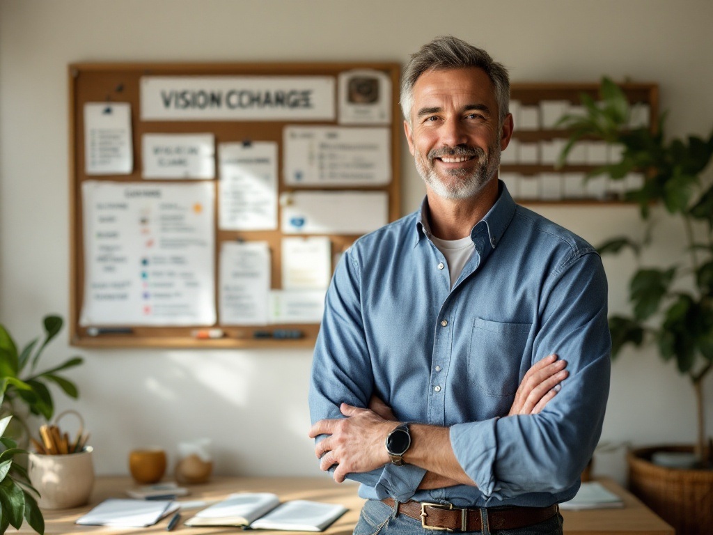Man in his 40s standing confidently at his desk, surrounded by a vision board, journal, and success tracking tools, representing the complete journey of mindset transformation
