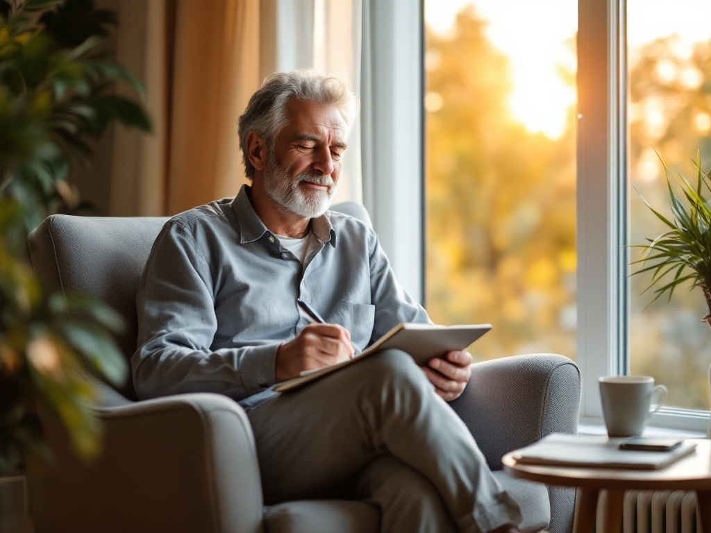Man in his 40s practicing morning meditation and journaling in a comfortable home setting, demonstrating accessible mindfulness practices