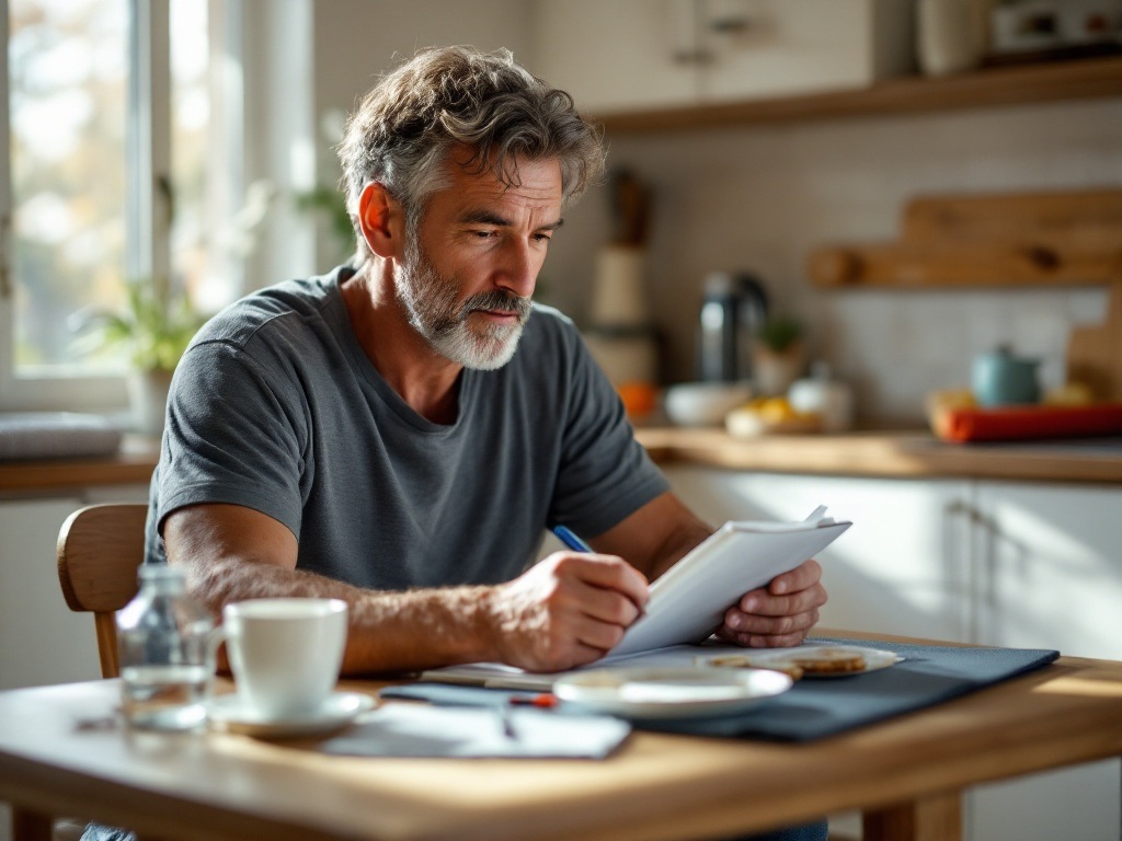 Man in his 40s sitting at kitchen counter with coffee, journal, and laptop, starting his morning with purposeful planning