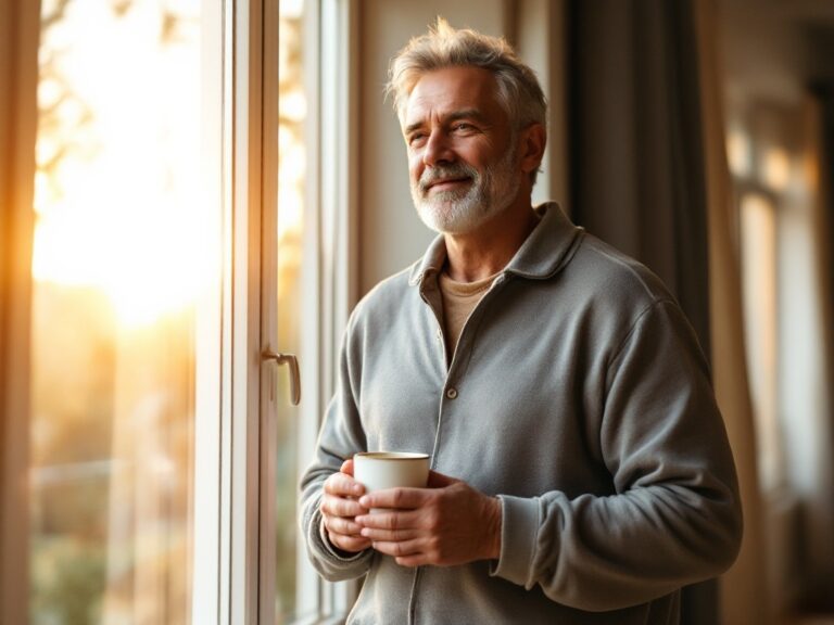 Man in his 40s starting his morning routine by the window at sunrise, demonstrating peaceful determination and mindful beginning of the day