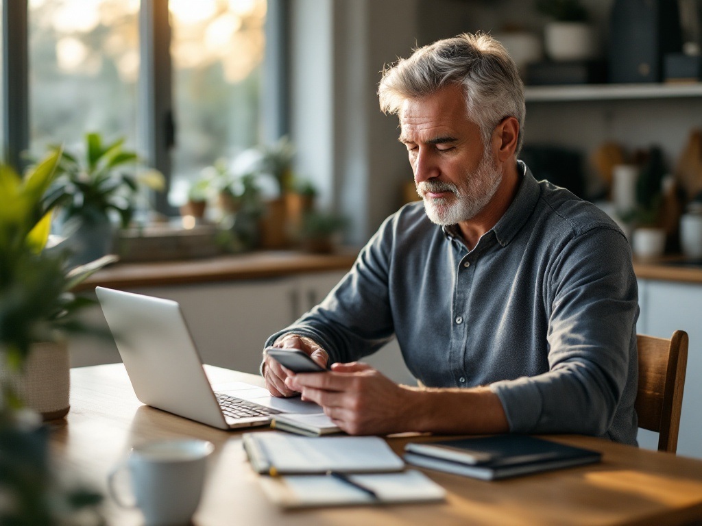 Man in his 40s reviewing goals and planning his day at a clean desk with planner, laptop, and morning coffee, demonstrating practical financial and life planning