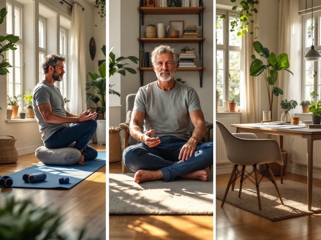 Man in his 40s in home setting demonstrating the complete morning transformation - from exercise mat to meditation corner to planning desk, showing the seamless integration of physical, mental, and strategic practices