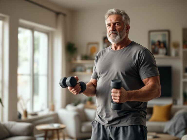 Man in his 40s doing simple stretching exercises in living room