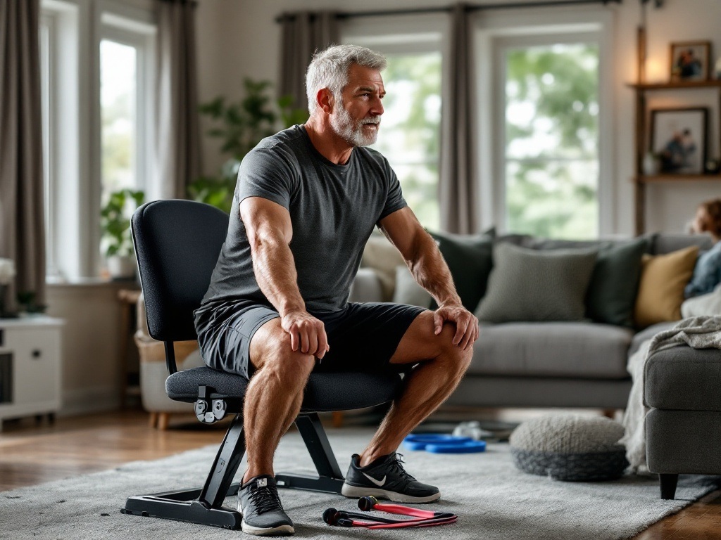 Man in his 40s reviewing simple fitness plan in comfortable home environment