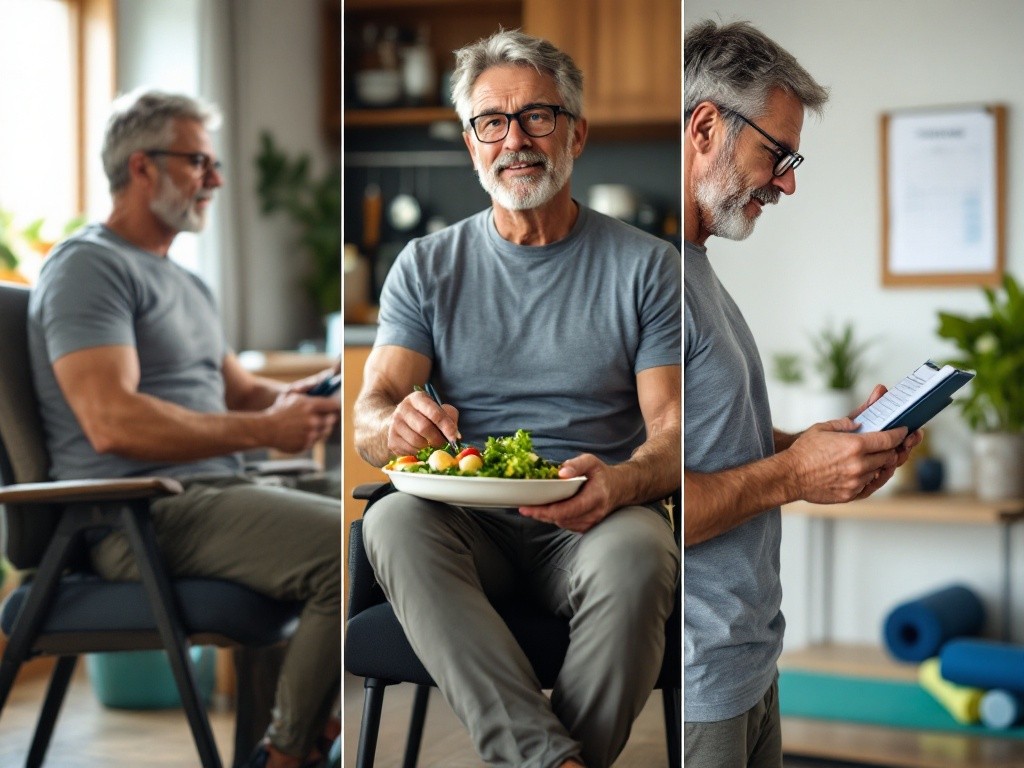 Man in his 40s demonstrating progress in home fitness journey through simple daily activities