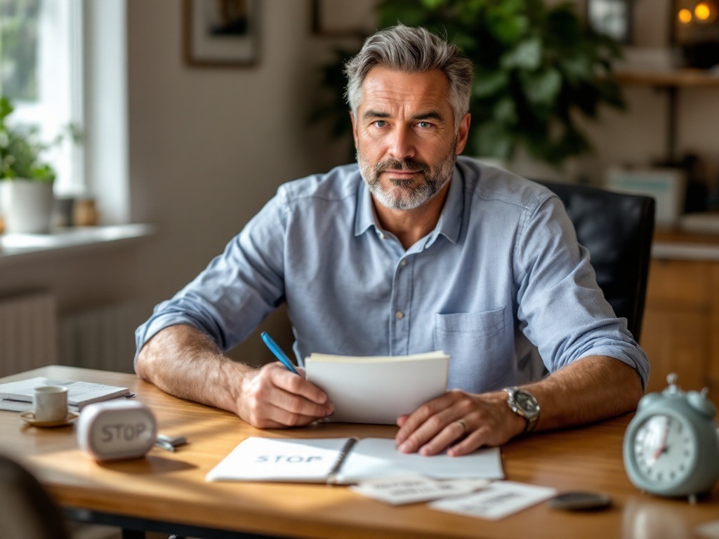Man in his 40s actively using a journal and smartphone timer, demonstrating practical pattern interrupt techniques in a home office setting