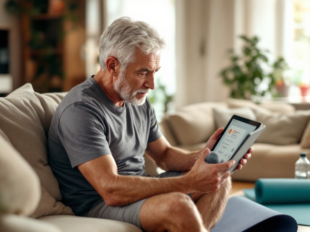 Middle-aged man starting his fitness journey with simple stretching exercises in a casual home setting, wearing comfortable everyday workout clothes