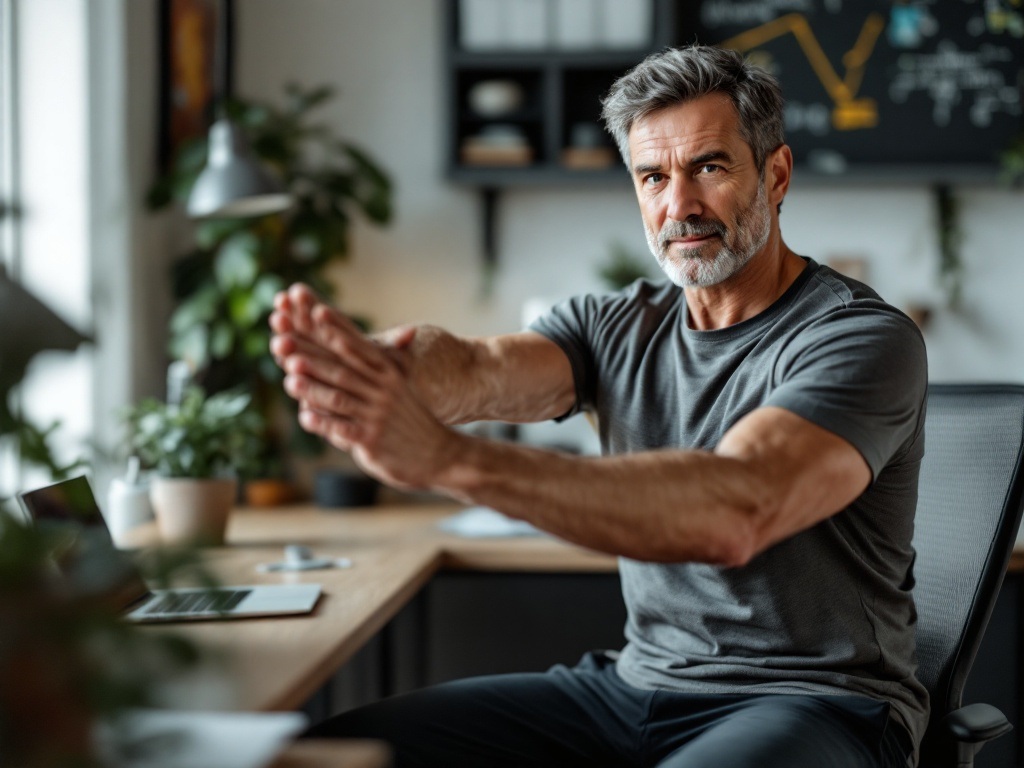 Middle-aged man in casual workout clothes doing light exercise while reviewing documents, demonstrating the connection between physical activity and mental performance