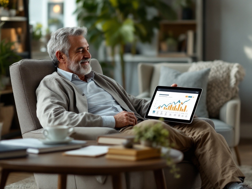 Middle-aged man in casual attire reviewing financial goals with a positive, determined expression