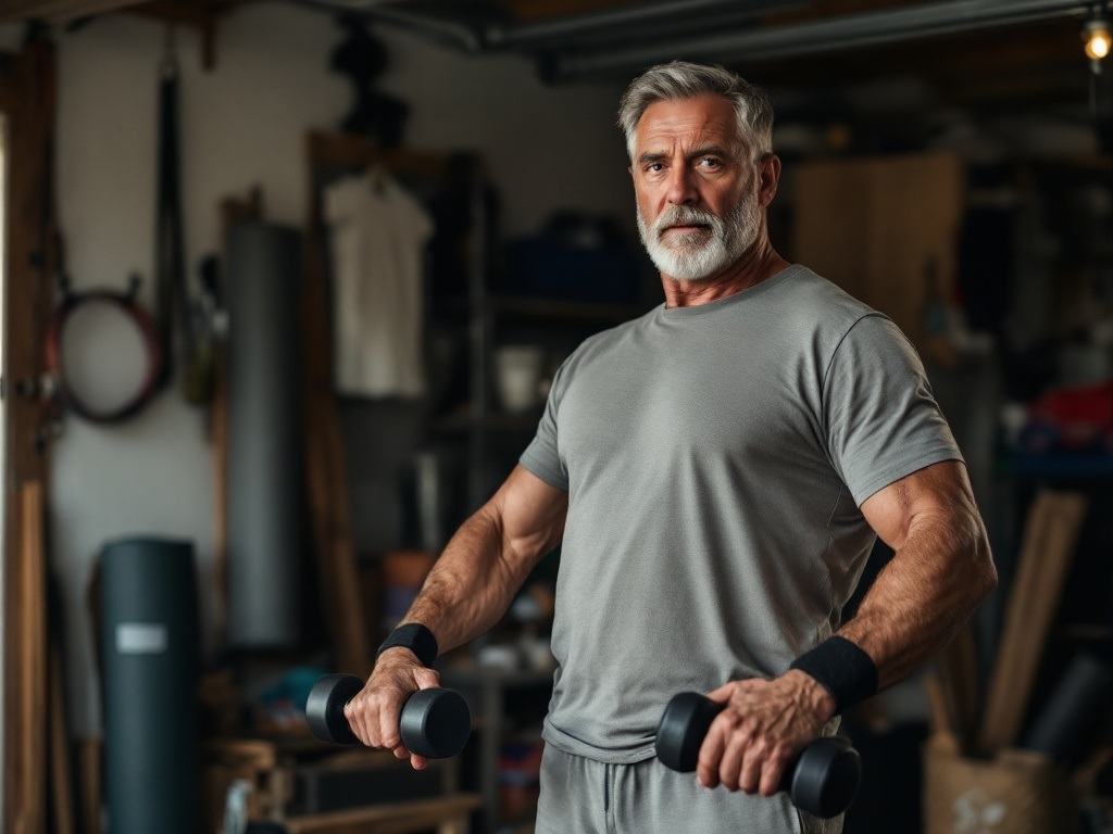 Middle-aged man in casual clothes performing basic arm exercises with light dumbbells in his living room, showing an approachable start to fitness