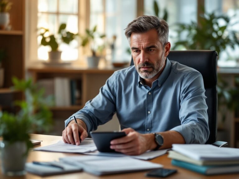 Professional man in his 40s reviewing financial documents at home office