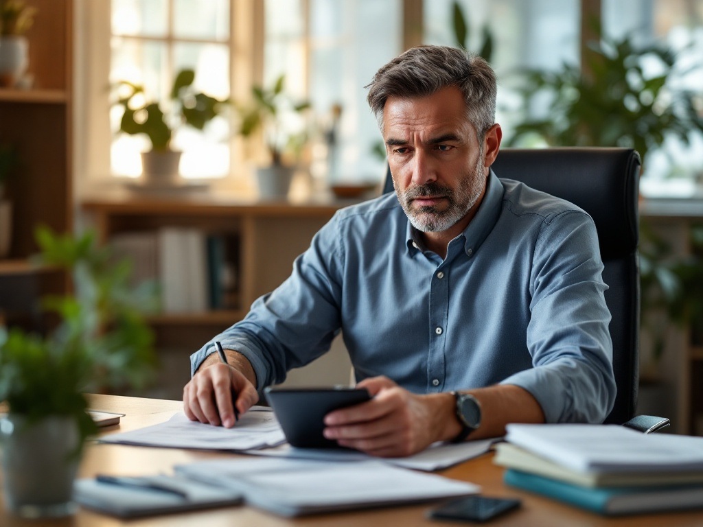 Professional man in his 40s reviewing financial documents at home office