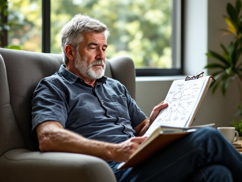 Man in his mid-40s at a desk with an open notebook and laptop, looking thoughtfully at a mind map of thought patterns on a whiteboard