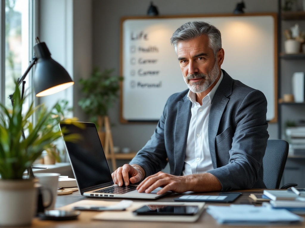 Professional man in his 40s managing multiple digital screens showing career, health, and personal life elements